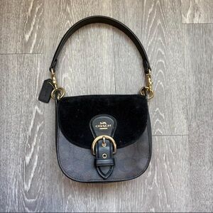 Coach Black Leather and Suede Flap Shoulder Bag with Gold Hardware